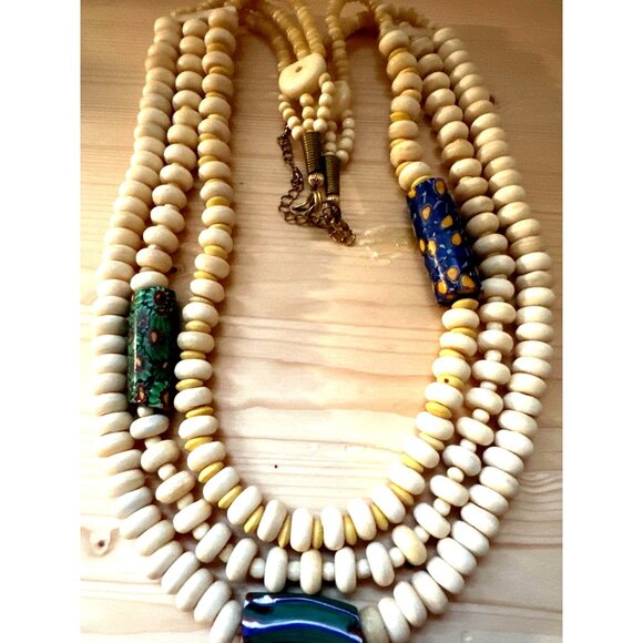 Vintage Venetian African Trade Bead Necklace Glass Carved Bone Layers Millefiori - Picture 3 of 12